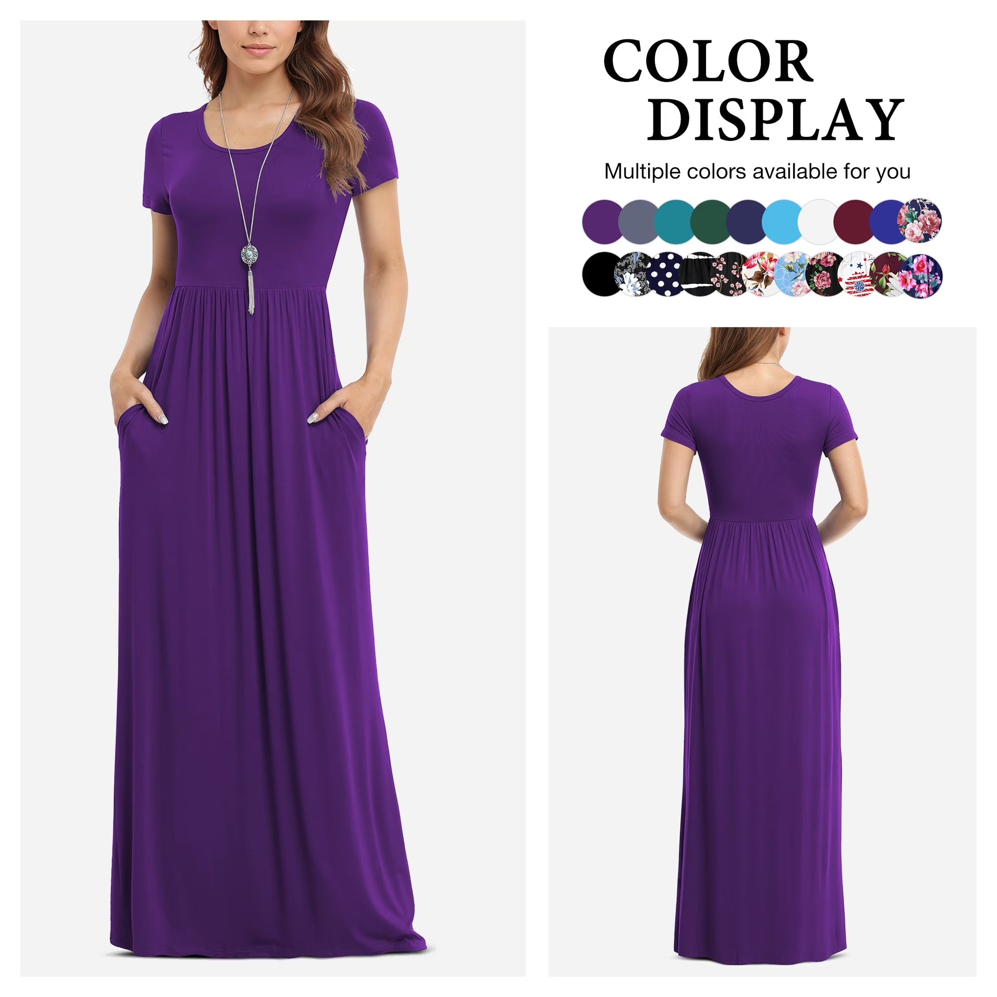 Women'S Short Sleeve Loose Plain Maxi Dresses Casual Long Dresses with Pockets,Us Size,Dark Purple,Xl