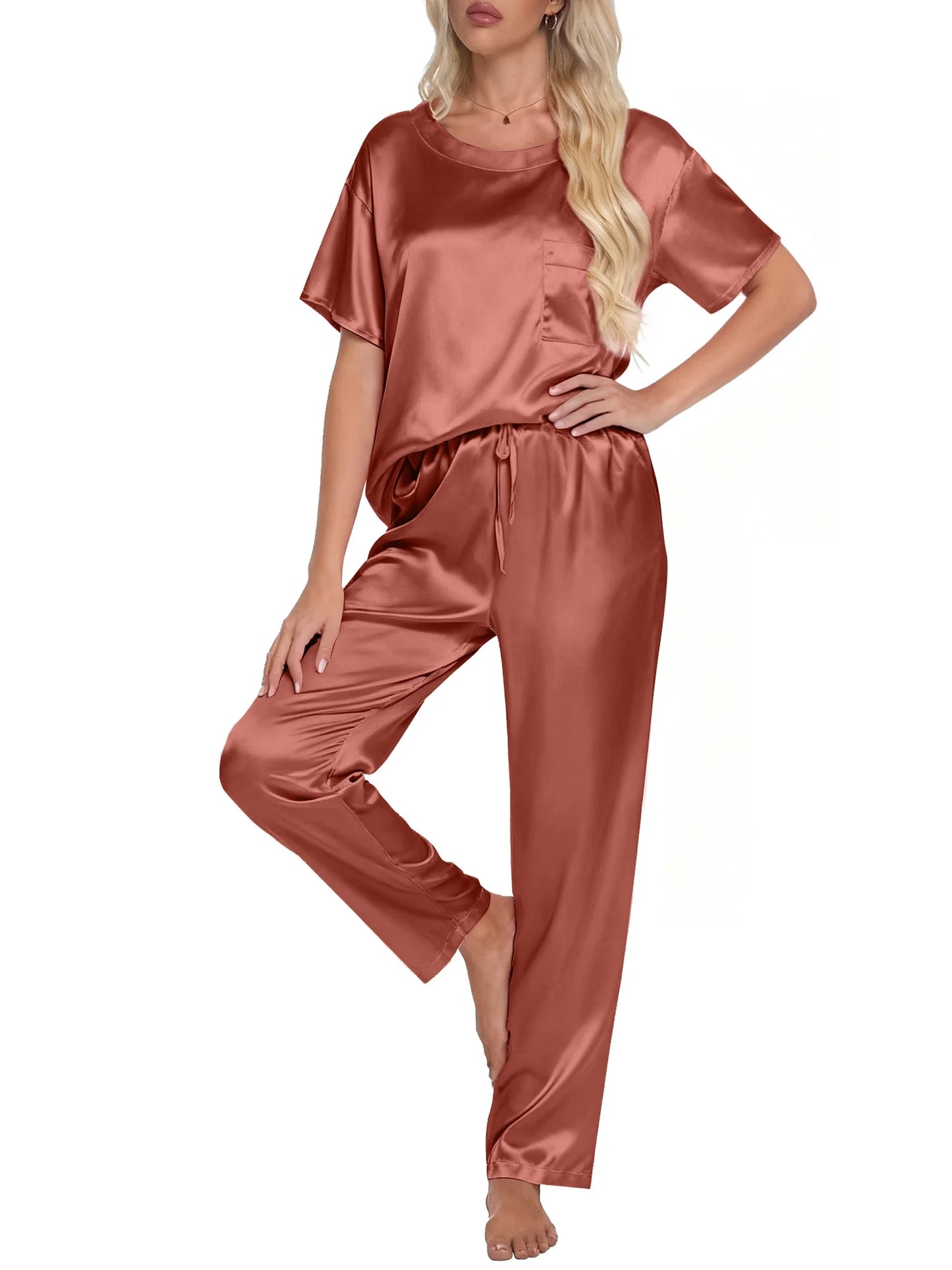 Womens Silk Satin Pajama Set Short Sleeve Shirt with Long Pajamas Pant Set Two-Piece Pj Sets Soft Sleepwear Loungewear Nightwear Pjs S-XL, Caramel, XXL