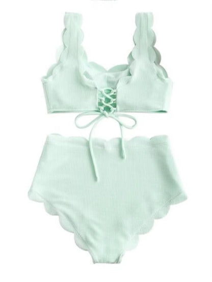 Solid Blue Two Pieces Swimsuit Bathing Suits Bikini Women Scalloped Textured High Waisted Bikini Set Lace up Bathing Suits XXL