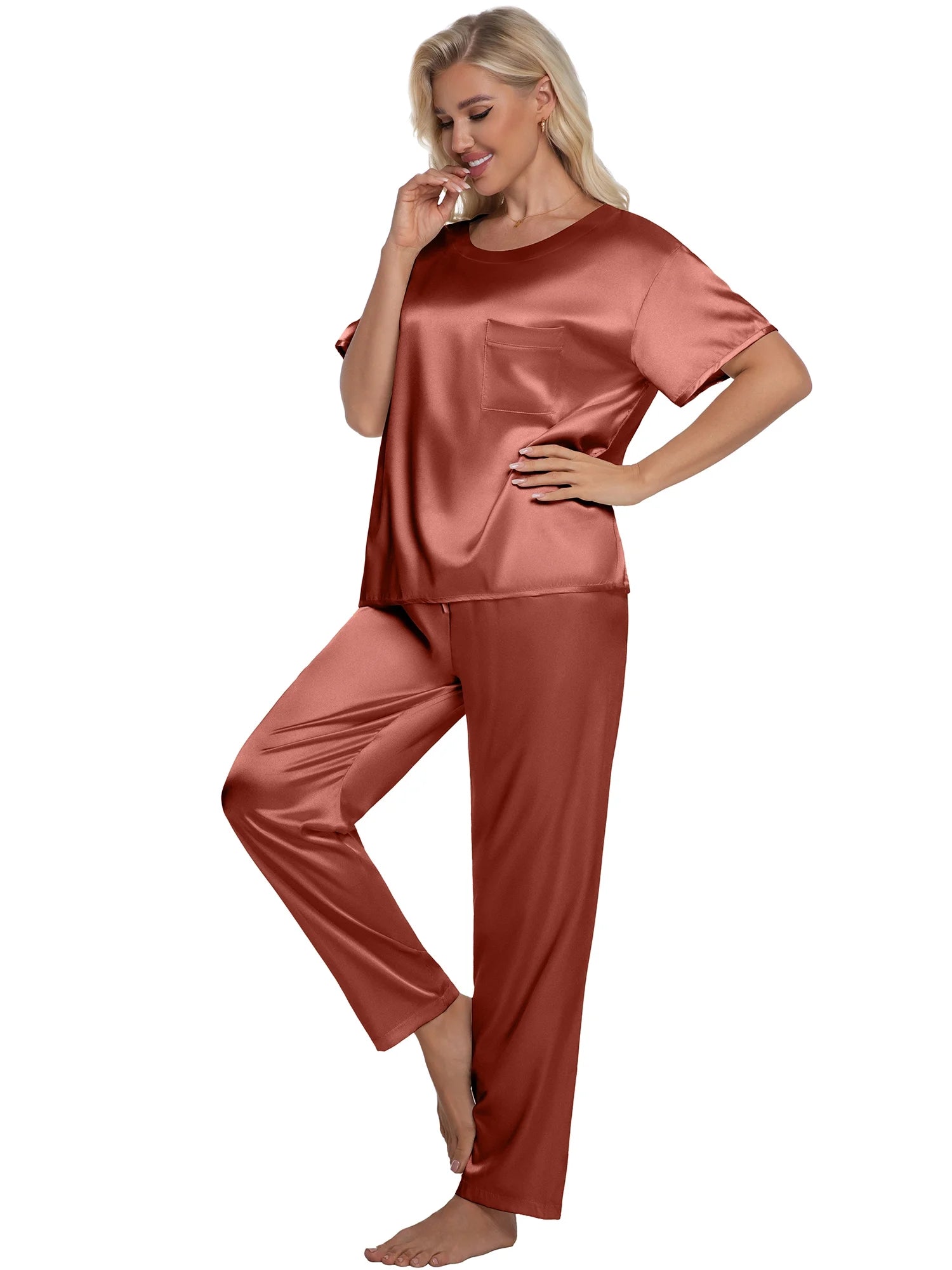 Womens Silk Satin Pajama Set Short Sleeve Shirt with Long Pajamas Pant Set Two-Piece Pj Sets Soft Sleepwear Loungewear Nightwear Pjs S-XL, Caramel, XXL